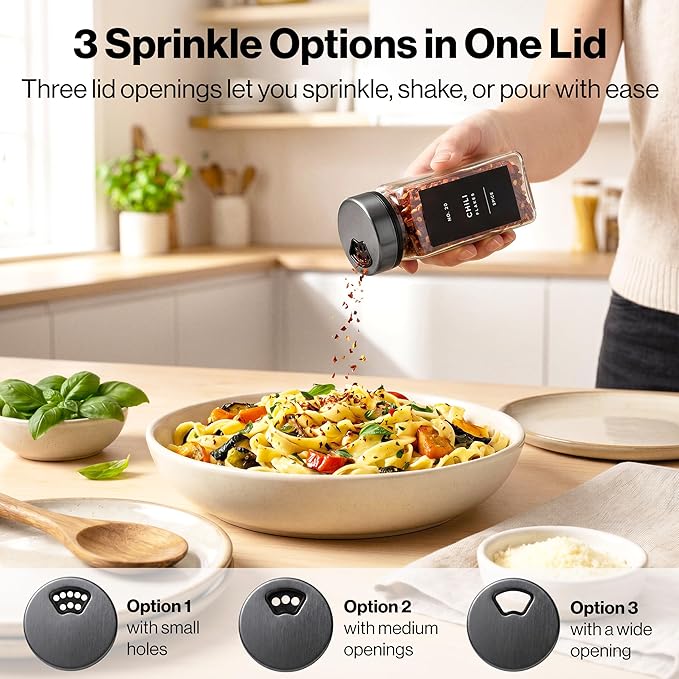 Glass Spice Jars with Label, Space Gray Sprinkle Lids (24 x 4oz) | Airtight Lids keep spices fresh, Kitchen Spice Drawer Organizer, 4oz Seasoning Containers incl. Funnel, Brush & 240 Labels