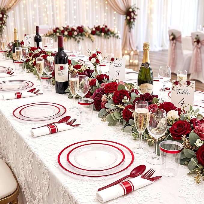 Glowserve 25 Guests 175 PCS Disposable Plastic Plates Clear Dinnerware Sets | 50 Plastic Plates,75 Silverware,25 Plastic Cups,25 Rolled Napkins,for Party Wedding,Red Rimmed Plates