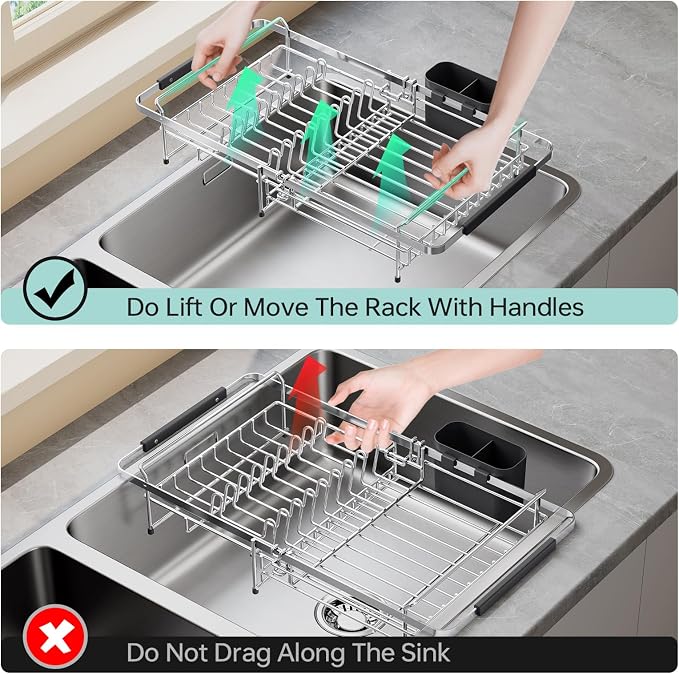Urackify Expandable in-Sink or Over-Sink Dish Drying Rack, 14.5"-18", Black | 304 Stainless Steel, Fits Most Sinks, Rust-Resistant, Space-Saving, Removable Utensil Holder