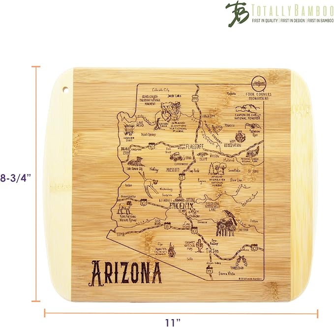 Totally Bamboo A Slice of Life Arizona Engraved Map Cutting Board | 11” x 8.75” charcuterie board with engraved state map artwork. Smooth reverse side for food prep. Hang tie for wall display.