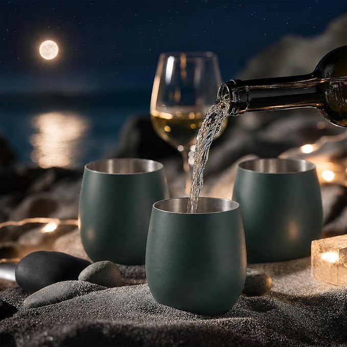 K&K Home Stainless Steel Unbreakable Stemless Wine Glasses - 15 oz - Set of 4 Colored, Stemless Metal Wine Glasses Perfect for Outdoors, Weddings, and Parties (Green)