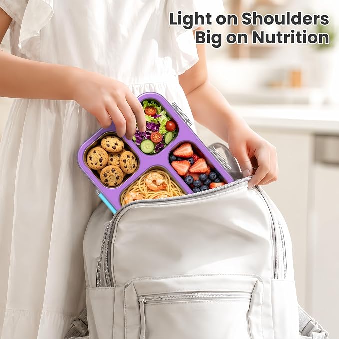 HOMEKOL Stainless Steel Bento Lunch Box, 4 Cups, Purple | 4-Compartment Leak-Proof Metal Lunch Container for Kids & Adults, BPA/BPS-Free, Dishwasher Safe, Clear Lid, (Not Insulated)