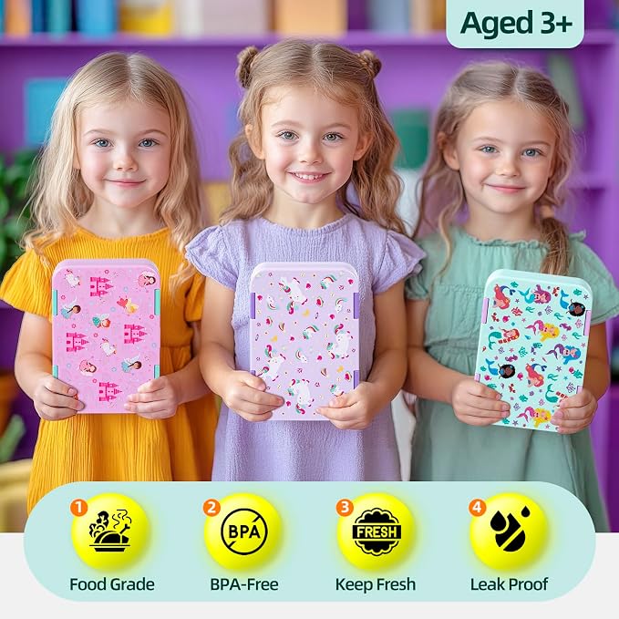 Bento Lunch Box, Snack Bento Lunch Containers Boxes, Pink Patterned | 5/6 Compartments, 3 Cups BPA Free, Dishwasher Safe, for Kids, Back to School, On-the-Go Meal, Ages 3+, School