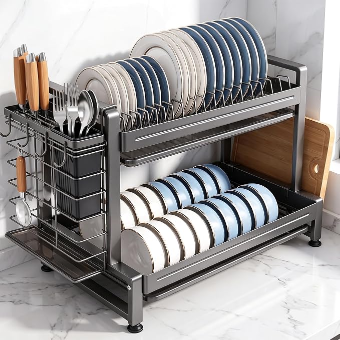 Dish Drying Rack for Kitchen Counter, Sink Storage Essentials, Home and Apartment Decor, Gray, 2-Tier Carbon Steel, Including Knife Holder, Utensil Holder, Cutting Board Stand