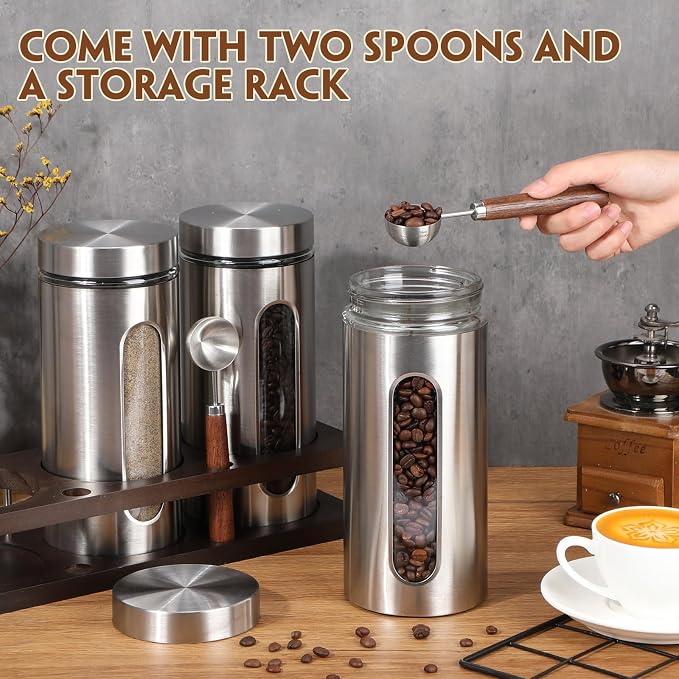 Stainless Steel Coffee Grounds Canisters Container with Shelf | 3 x 50oz, Sugar Coffee Bean Storage Container Set, Airtight Threaded Lid, Glass Window, Scoop, Kitchen Jar for Coffee Bar