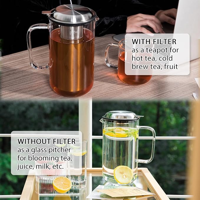 Aquach 51oz Glass Teapot with Infuser, Stovetop Safe Borosilicate Tea Pot | Dishwasher Safe, Plastic-free, Precise Loose Leaf Filter, Easy-clean Opening, Sharing Capacity