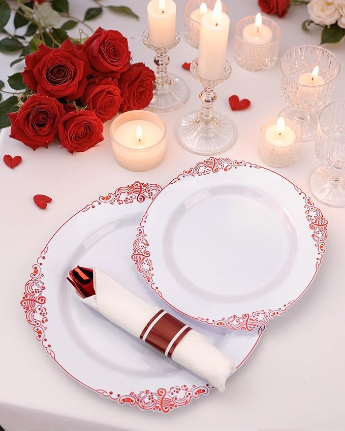 Nervure 175Pcs Red Plastic Plates, Red Plastic Dinnerware Set for 25 Guests | 25 7.5" Dessert & 25 10.25" Dinner Plastic Plate, 75 Cutlery, 25 9oz Cup, 25 Napkin for Wedding & Party, BPA-free, Heavy-duty