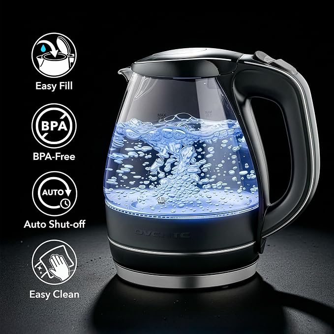 OVENTE 1.5L Glass Electric Kettle Water Boiler, Black KG83B | 1100W Fast Boiling, Borosilicate Glass, BPA-Free, Blue LED, Auto Shut-Off, Boil-Dry Protection, Removable Filter, 360° Base