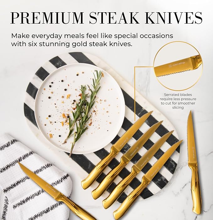 Styled Settings Gold Knife Set with Block and Built-In Sharpener, 14-Piece | Full Tang Titanium-Coated Stainless Steel Gold Kitchen Knife Set with Self-Sharpening Block, Gold Kitchen Accessories