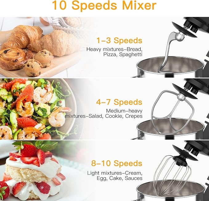 7.5 Qt Stand Food Mixer for Home Cooks, 660W Tilt-Head Electric Kitchen Mixer with 10 Speeds, Stainless Steel Bowl & Attachments for Baking and Dough Hook, Whisk, Beater, Splash Guard, Black