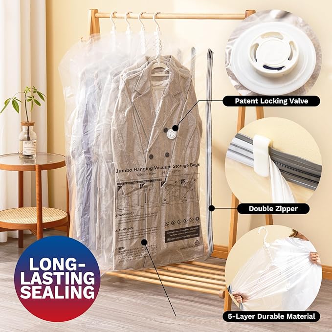 Hanging Vacuum Storage Bags, Space Saver for Clothing, 6 Combo with Pump | Vacuum Seal Bags for Clothing with Electric Pump, Hanging Garment Storage for Jackets, Suit, Dresses, Winter Closet Organizer