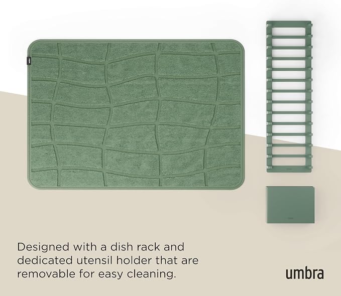 Umbra Udry Dish Drying Rack with Microfiber Mat, Foldable Drainer, Spruce | Machine washable, protects countertops, utensil holder, compact space saving design