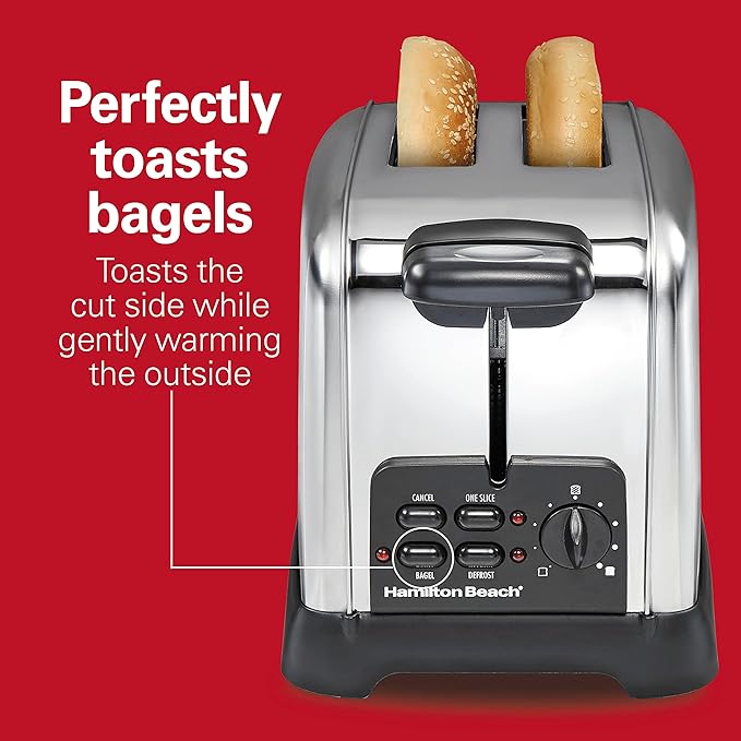 Hamilton Beach Retro 2 Slice Toaster With Sure-Toast Technology, Wide Slots | Browning Control With 9 Shades | Auto Shutoff | Bagel, Defrost, Cancel | Toast Boost | Polished Stainless Steel | 22782