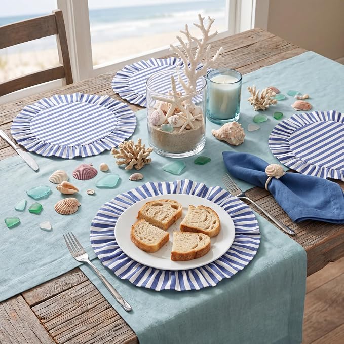 Set of 6 Blue and White Placemats Round Costal Striped Ruffled Table Placemats 15 Inch Cloth Vintage Farmhouse Boho Circle Mat for Summer Birthday Beach Party Table Decorations