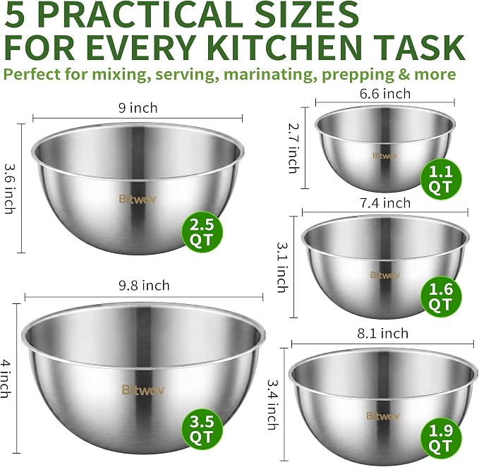 304 Stainless Steel Mixing Bowls Set of 5, 1.1/1.6/1.9/2.5/3.5 QT Food Grade Metal Bowls with Measurement Marks, Dishwasher Safe & Stackable Nesting for Baking, Salads, Meal Prep, RV & Camping