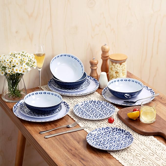 12pcs Melamine Dinnerware Set - Unbreakable Plates and Bowls Set | Blue Grid Stripes Dinner Dish Set for Indoor/Outdoor Use - Modern Style Service for 4 - Break-Resistant Dishwasher Safe