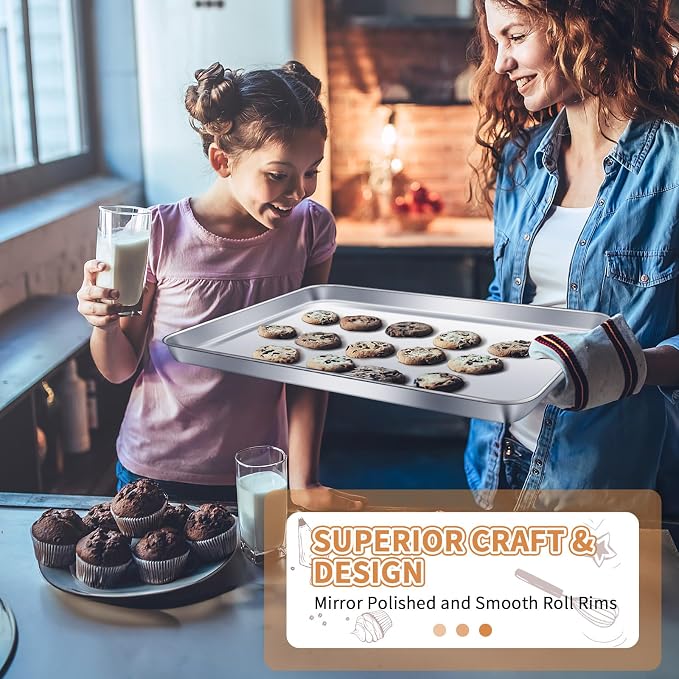 Stainless Steel Baking Sheet Set of 2, Deedro Cookie Sheet Metal Baking Pan Oven Tray, Non Toxic & Heavy Duty, Rust Free & Mirror Finish, Easy Clean & Dishwasher Safe, 20 x 14 x 1.3 Inch