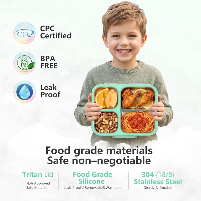 LOHASOK Stainless Steel Bento Lunch Box, 34oz/1000ml, Green | 3-Compartment, Leak Proof, Lightweight, Clear Plastic Lid, for Kids Adults, BPA/BPS Free, Dishwasher Safe