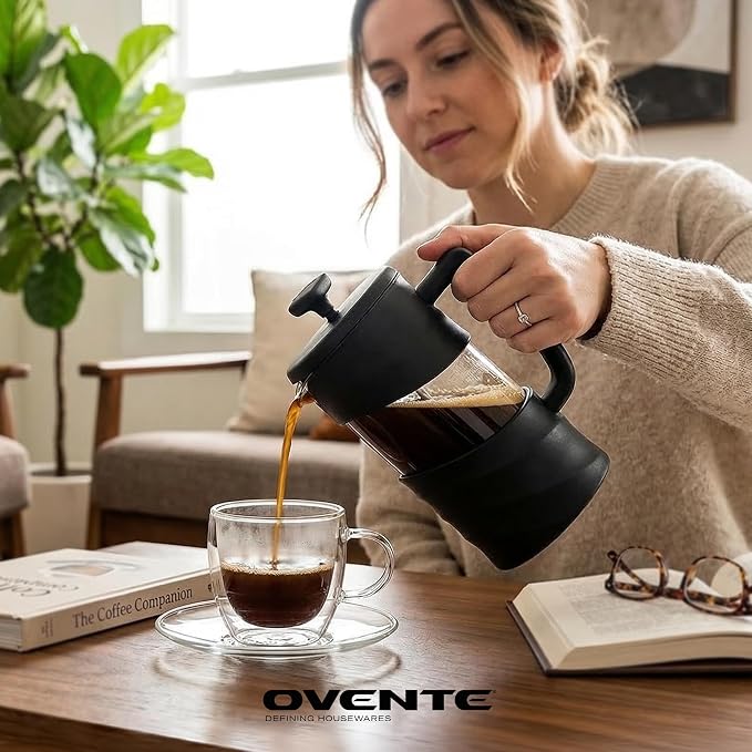 OVENTE 34oz French Press Coffee Maker with 4-Level Filtration, Black FPW34B | Heat-Resistant Borosilicate Glass Cafetiere, Dishwasher Safe Stainless Steel Filter, Compact Cold Brew for Travel and Camping