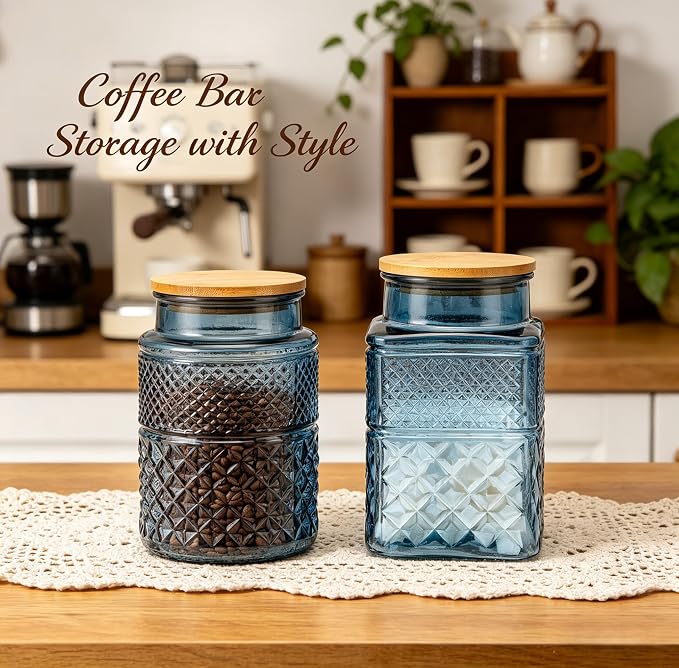 60 FL oz/0.5 Gal Glass Jar with Vintage Pattern and Airtight Lid,Set of 2 | Kitchen Pantry Thick Glass Container for Flour Sugar Cookie Coffee Laundry Pods, Wide Mouth Opening and Airtight Bamboo lid