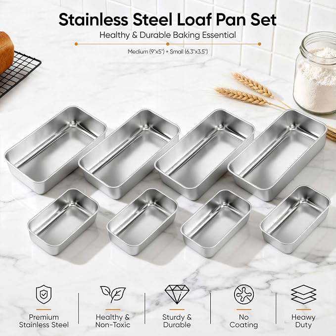 LIANYU Loaf Pan Set, 9x5Inch Bread Pans & 6.3x3.5Inch Mini Bread Baking Pan | 20 Pack Stainless Steel Bread Loaf Pans for Meatloaf Cake, Healthy & Non Toxic, Dishwasher Safe, 10 Medium Pan + 10 Small Pan