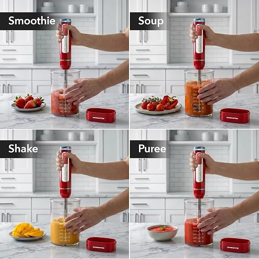 OVENTE Cordless Hand Blender, Rechargeable with 8 Mixing Speed Red HR781R | 200 Watts Handheld Portable Stick Mixer, One-Touch Control and Stainless Steel Blades for Smoothies, Shakes or Soups
