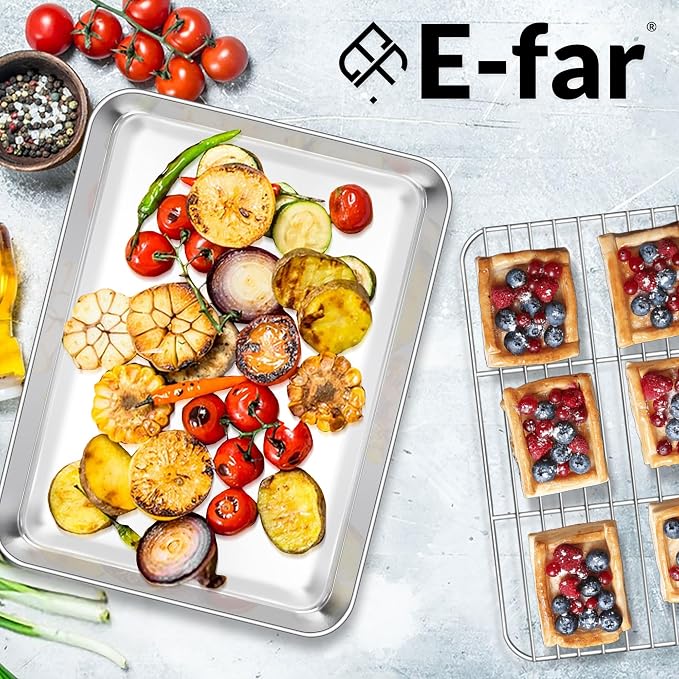 E-far Quarter Baking Sheet with Wire Rack, Stainless Steel 2 Pans + 2 Racks | 12.4 x 9.7 Inch Cookie Sheets Pan & Cooling Rack for Baking Cookies Cake, Non Toxic & Heavy Duty, Oven & Dishwasher Safe