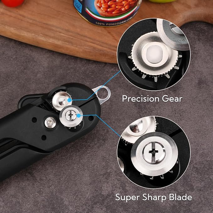 KITCHENDAO Replaceable Can Opener with 2 Extra Blades, Super Sharp Manual Can Opener with Magnet, Smooth Edge Cut Handheld Tin Opener, Large Turning Knob for Seniors & Arthritis, Black
