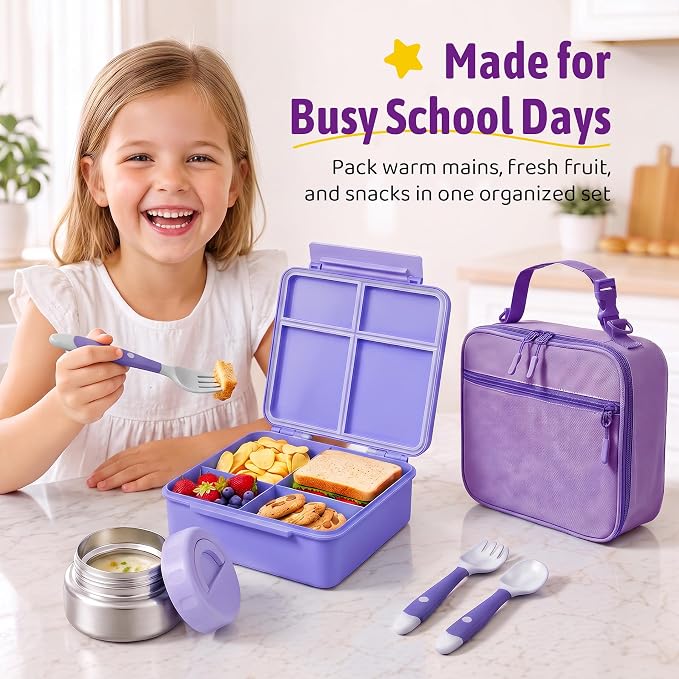 Bento Box for Kids with Thermo Food Container (9oz), 4-Compartment Lunch Box, Adjustable Divider, Leakproof Bento Lunch Box, Includes Utensils & Carry Bag for School, Office(Purple)
