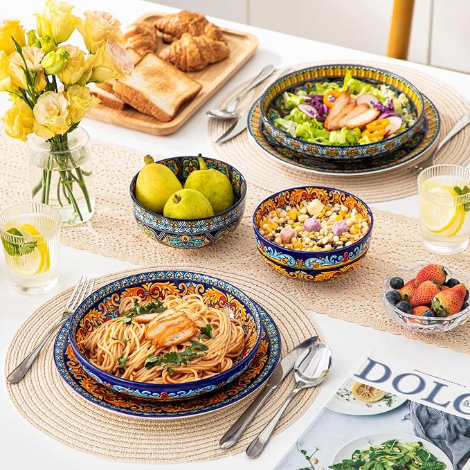 vancasso Pasta Bowls Set of 4, 42oz Ceramic Salad Serving Bowls, Bohemian | 8.7in Colorful Bohemian Bowl Plates for Soup, Shallow Bowls for Kitchen, Microwave & Dishwasher Safe, Stackable, Large