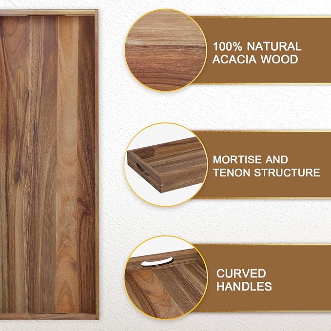 Extra Large Ottoman Tray, 36 x 12 inches Acacia Wood Serving Board | Wooden Serving Tray with Handles, Rectangular Coffee Table Tray, Charcuterie Platter for Meat, Cheese Board, Extra Long 3ft