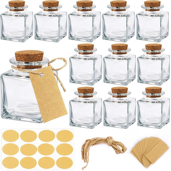 OurWarm 12 Pack Square Small Glass Bottles with Lids, 1.7OZ Mini Glass Jars with Cork Tag Label and Twine, Versatile Small Bottles for Candy Potion Spice DIY Crafts Gift Birthday Wedding Party Favors
