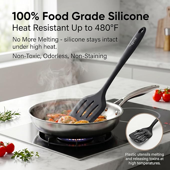 Vayvnt Kitchen Utensils Set, 10PCS Silicone Utensils Set for Cooking, Black | Non Toxic, One-piece Silicone, Non Scratch on Pot and Pans, Heat Resistant to 480℉, Food Grade Spoon Whisk, Dishwasher Safe