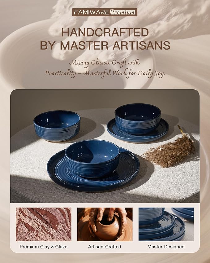 Dinnerware Set for 4, Ceramic Plates & Bowls, Abyssal Blue | 12-Piece Ceramic Speckled Spiral Dishes, Chip & Scratch Resistant, Microwave & Dishwasher Safe, Everyday Use, Farmhouse Style