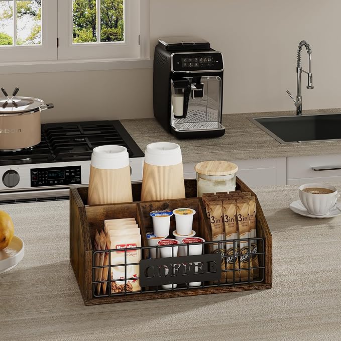 YINMIT Coffee Station Organizer for Countertop, Wood Coffee Bar Organizer with Removable Dividers for Pods, Syrup, Cups, Stirrer, Tea - Office Bar Accessories, Iron Wire-Vintage Brown