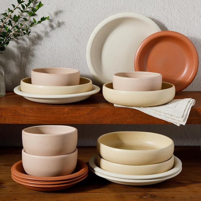 Corsica Clay Dinnerware Set - Stackable Colorful Boho Reactive Glaze Plates and Bowls Set -2 Time Oprah's Favorite Things Brand- 16 Piece (Service for 4)- Matte Assorted Pottery Colors