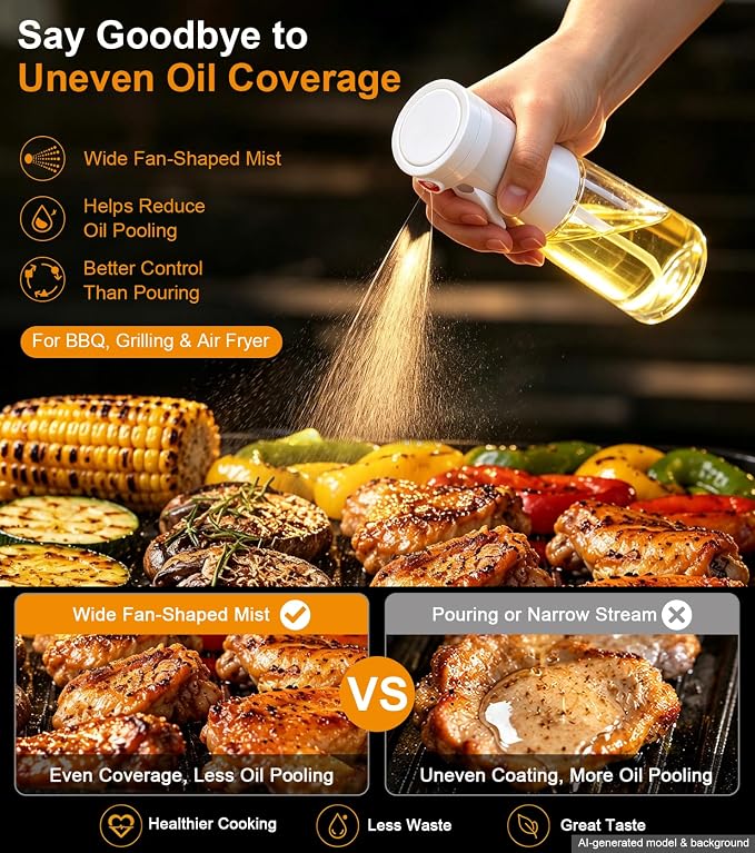 Oil Sprayer for Cooking, Olive Oil Sprayer, Approx. 1g Per Press (1) | Patented Spray Structure, Glass Bottle, Wide Fan Mist, Built-in Filter for Air Fryer, Salad, BBQ and Baking
