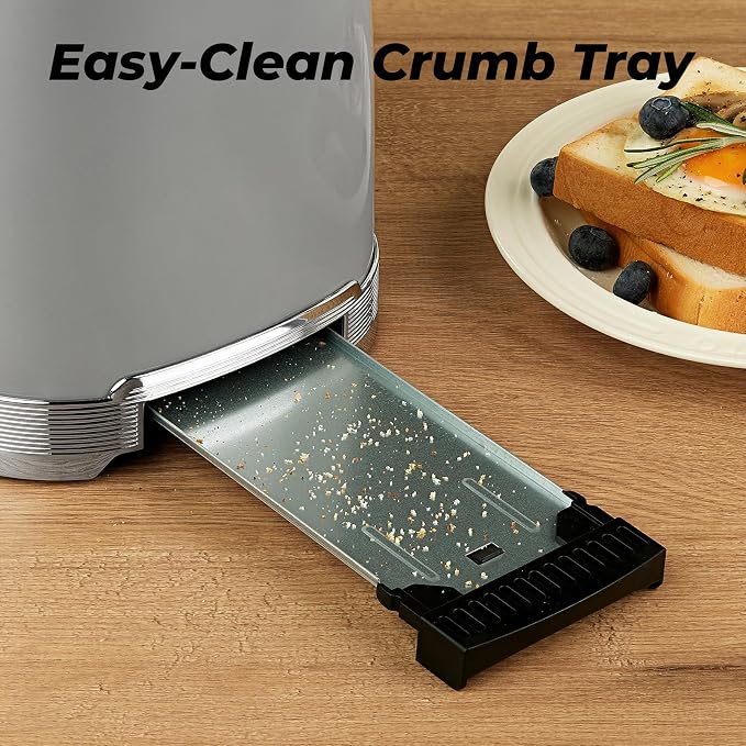 Toaster 2 Slice Retro Stainless Steel, Gray | 1.5” Extra Wide Slots with Bagel, Defrost, Reheat, Cancel Functions, 6 Bread Shade Settings, Removable Crumb Tray