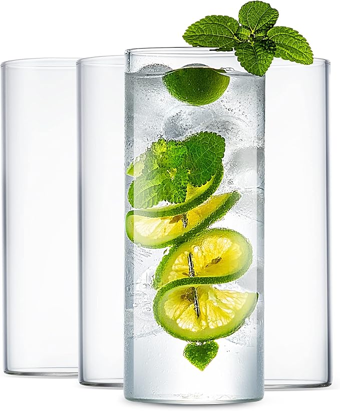 LUXU Drinking Glasses 12 oz,4pcThin Highball Glass,Clear Tall Beer Glass | Lead-Free Glassware,Clear Everyday Drinkware,Water Glasses,Mojito Glass Cups,Bar Glassware,and Mixed Drink Cocktail Glass Set
