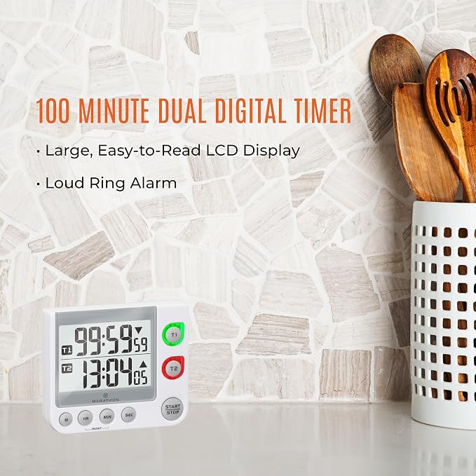 MARATHON Dual Digital Timer, 100-Hour Count Up/Down, Large Display, White | Adjustable Alarm Volume, Flashing Visual Alert, Magnetic Back and Tabletop Stand