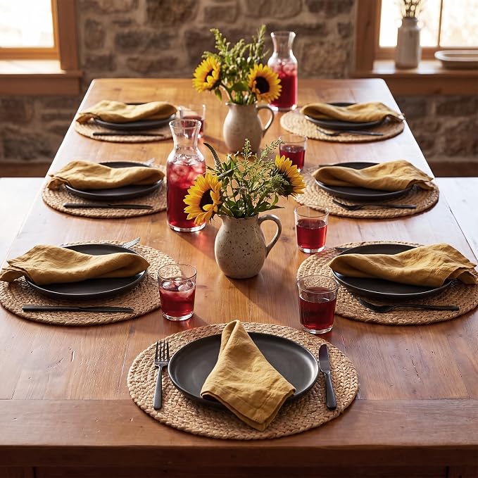 Natural Jute Placemats Set of 2, Round Woven Table Mats, 13 Inch Rattan Charger Plates for Dinner, Boho Farmhouse Braided Place Mats