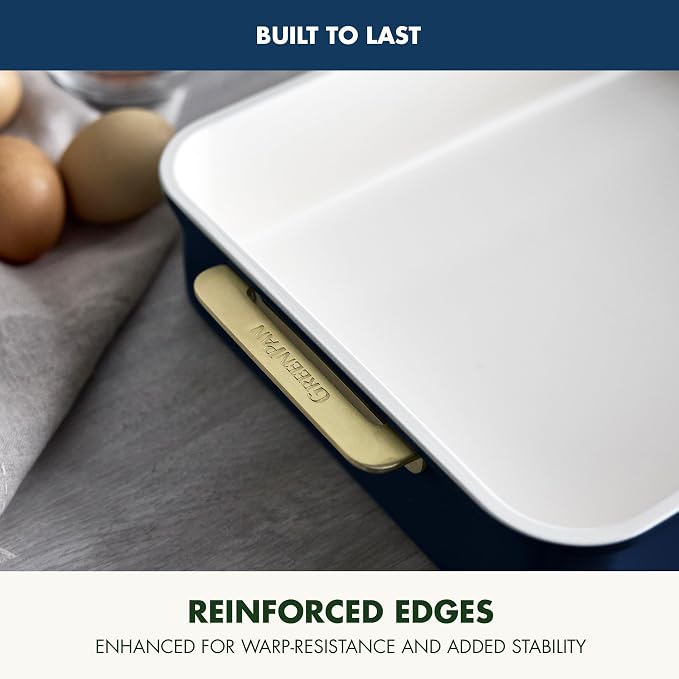 GreenPan Bakeware 13” x 9” Rectangular Cake Pan, Ceramic Nonstick Baking Pan, PFAS & BPA Free, Gold Handles, Durable Steel, Freezer to Oven Dish, Scratch Resistant, Bake & Roast Ovenware, Oxford Blue