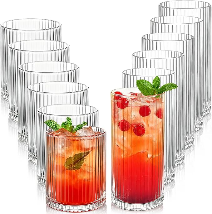 Ribbed Drinking Glasses 12pcs, 12oz and 10oz Glassware, Tumbler Glasses Cup Set for Wedding, Party, Christmas Gift, Clear