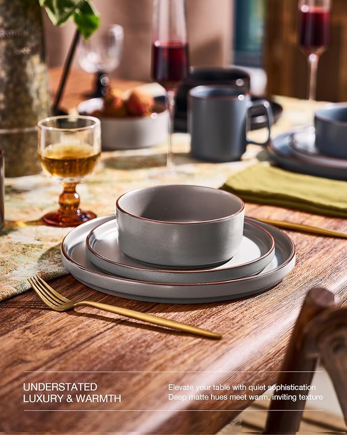 Famiware Nebula Ridge 12-Piece Stoneware Dinnerware Set, Multi-color | Plates and Bowls for 4, Warm Hand-Painted Rims, Microwave and Dishwasher Safe, Daily Essentials