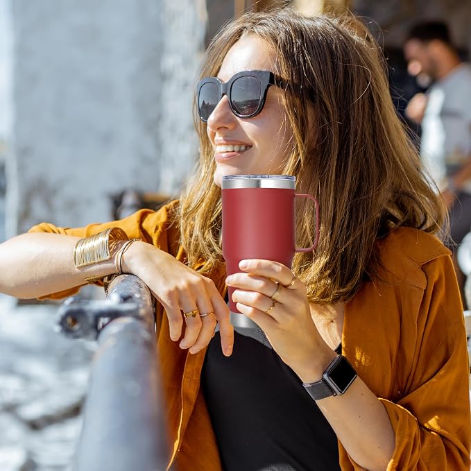 20 oz Stainless Steel Tumbler with Handle Bulk Metal Insulated Tumblers Travel Coffee Mug with Handle Double Wall Tumbler Cup with Lid and Straw, Wine Red 12 Pack