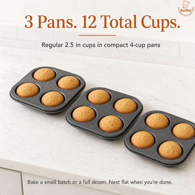 4-Cup Muffin Pan, Air Fryer Toaster Oven Muffin Tin Total 12 Cups | Nonstick Granite Coating Carbon Steel Cupcake Pan Set, Easy Release, Nests Flat for Storage, 3-Pack Muffin Baking Pan