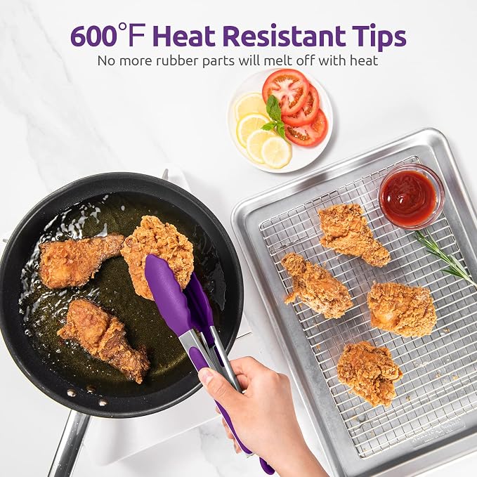 U-Taste Kitchen Tong for Cooking, 600ºF Heat-Resistant Tps, 9in/Purple | Rubber Tong for Serving Food, Salad/Grill/BBQ/Steak/Pasta Silicon Tongs, 18/8 Stainless Steel Handle & Smooth Locking