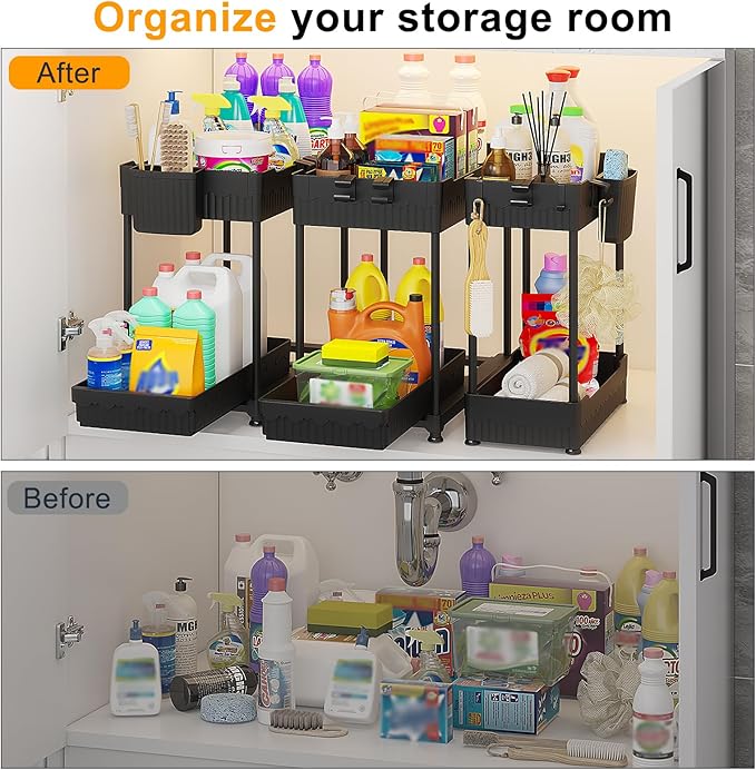 3-Pack 2-Tier Under Sink Organizers with Sliding Drawers | Multi-use kitchen & bathroom storage, 14.8 inch black cabinet organizer, space-saving sliding drawer design.