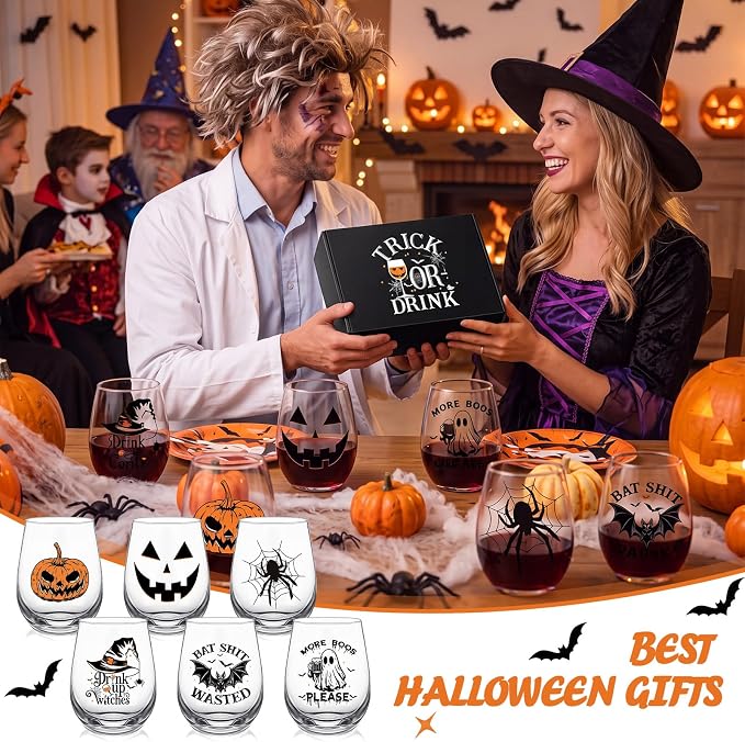 Qinyoung 7 Pcs Halloween Wine Glasses Pumpkin Witch Ghost | with Gift Box, Stemless, Funny Quotes on Glasses, Spider Bat Prints, Home Bar, Entertaining