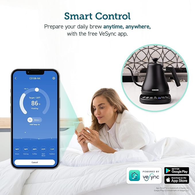 Cosori Smart Gooseneck Electric Kettle, App & Temperature Control, 0.8L | No Plastic Contact with Water, App Control, 4 Presets & Custom Temp (104–212°F), 60-Min Keep Warm, Pour Over Coffee & Tea